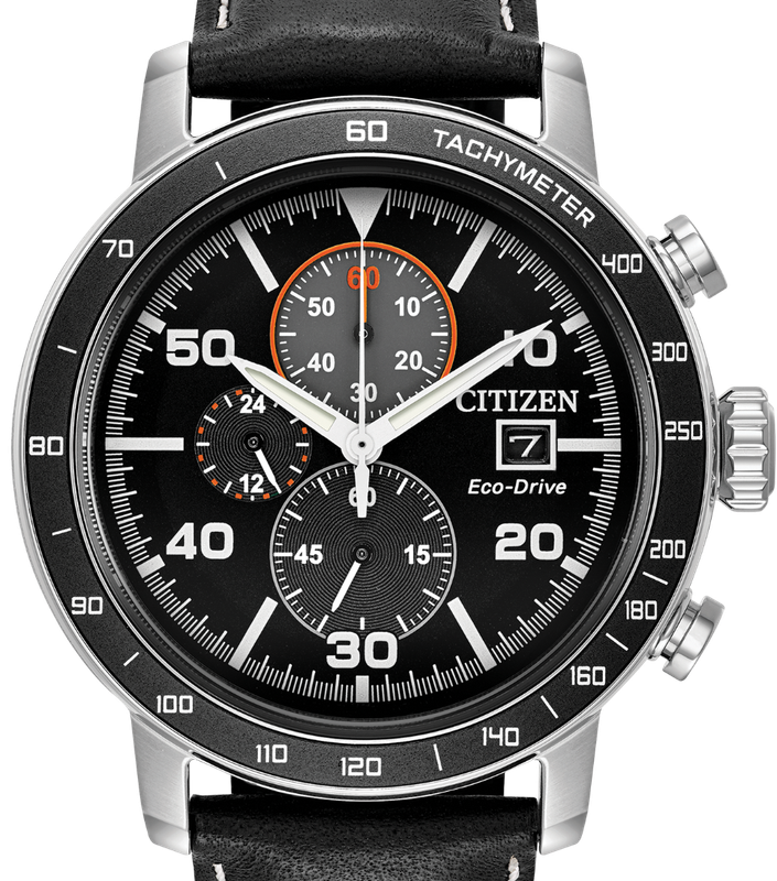 Authentic CITIZEN Eco-Drive Black Leather Chronograph Mens Watch
