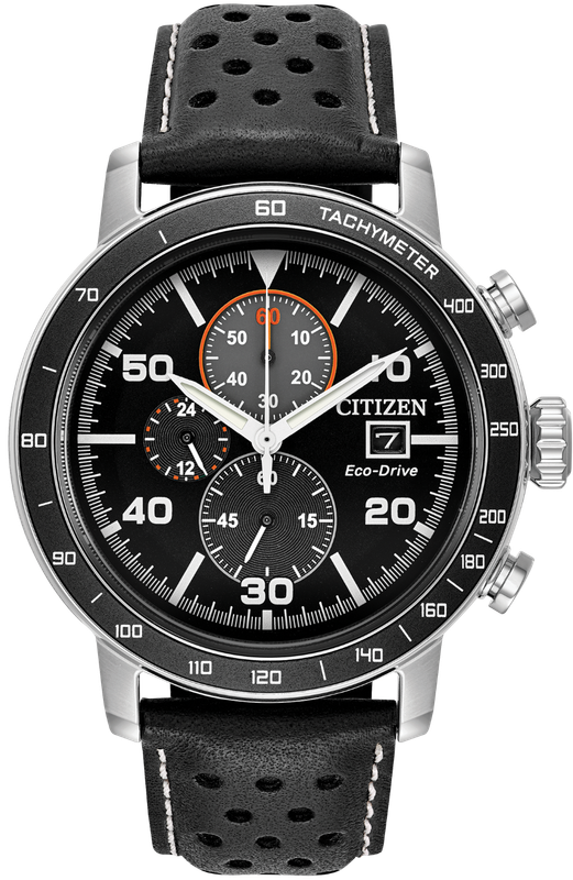 Authentic CITIZEN Eco-Drive Black Leather Chronograph Mens Watch