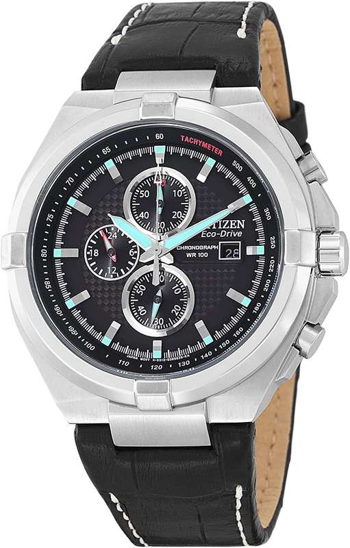 Authentic CITIZEN Eco-Drive Black Leather Chronograph Mens Watch