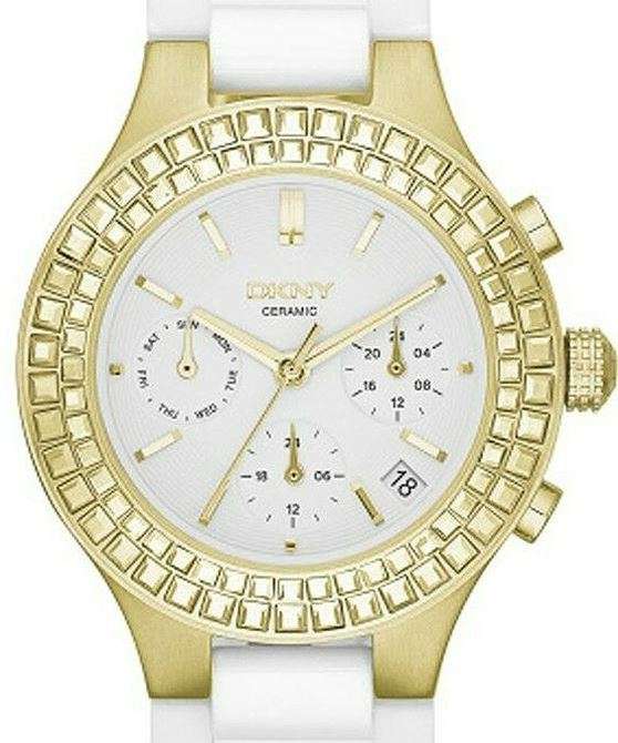 Authentic DKNY White Ceramic Gold Tone Multifunction Ladies Watch