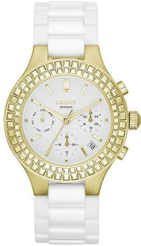 Authentic DKNY White Ceramic Gold Tone Multifunction Ladies Watch