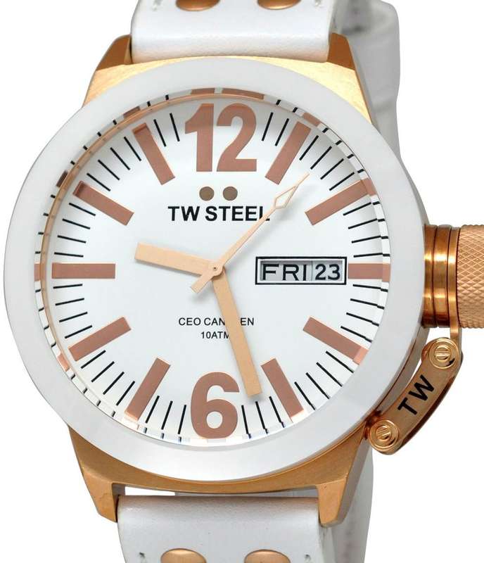 Authentic TW STEEL CEO Canteen White Leather Oversized Ladies Watch