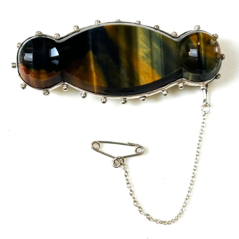 Vintage Silver and Tigers Eye Bar Brooch