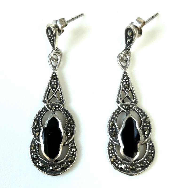 Sterling Silver, Onyx and Marcasite Earrings