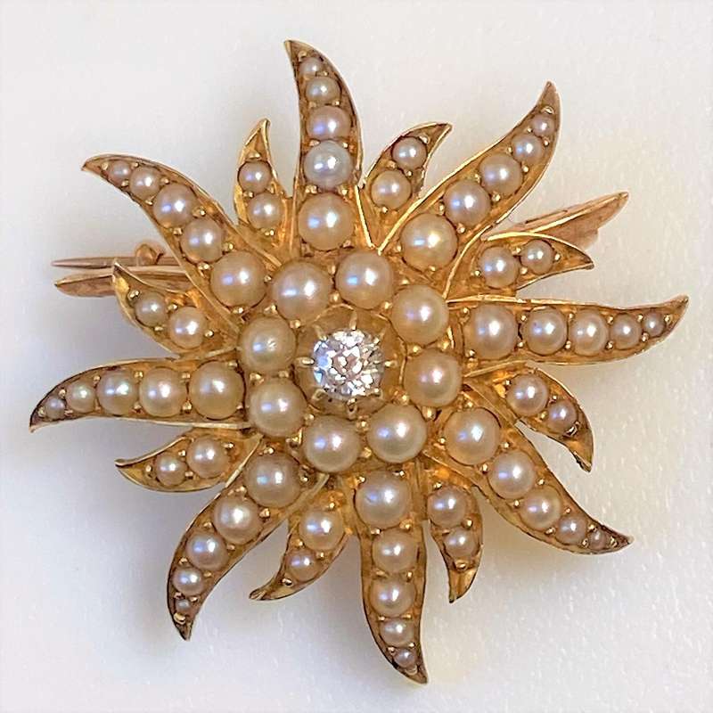 15ct Gold, Diamond and Seed Pearl Sunburst Pendant Brooch
