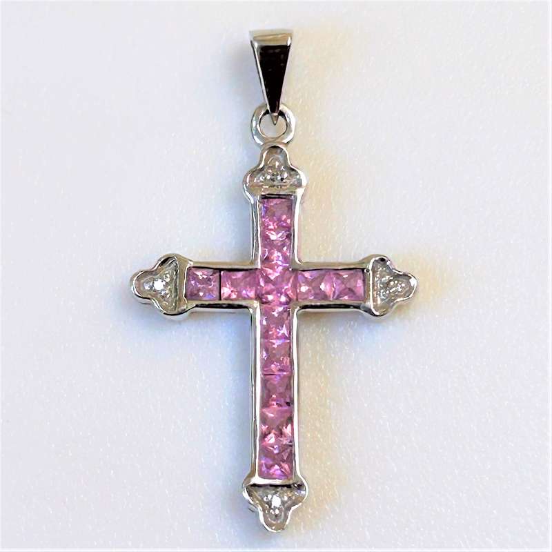 9ct White Gold, Diamond and Pink Sapphire Cross Pendant