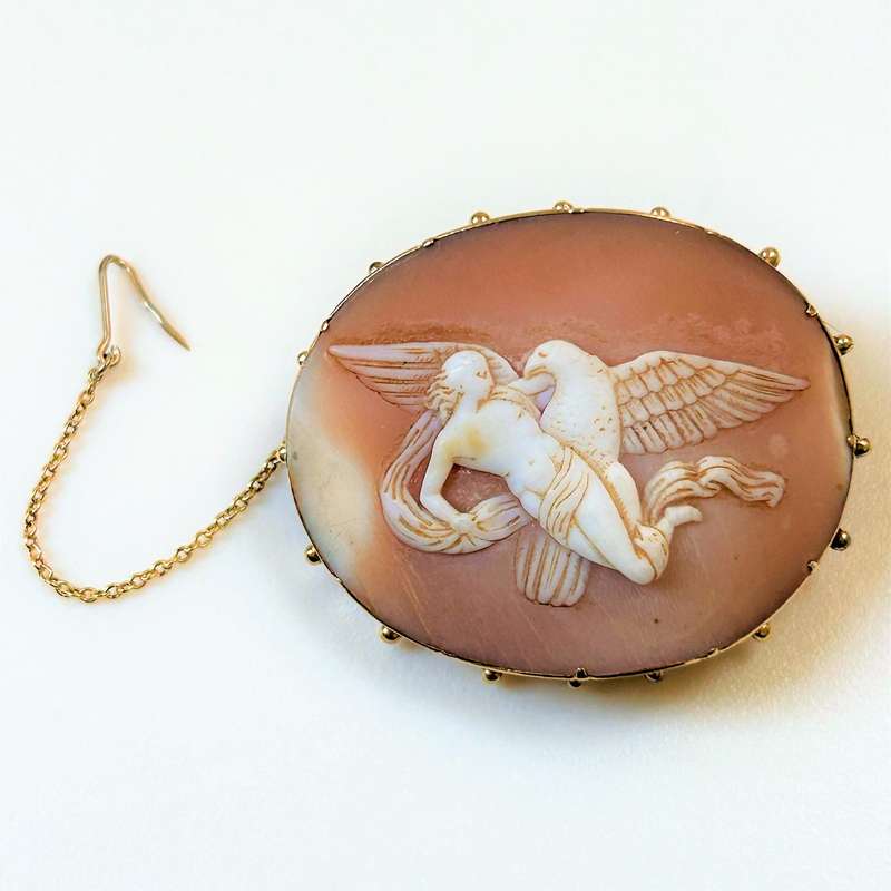 Antique 12ct Gold and Shell Cameo Hebe and Zeus Brooch