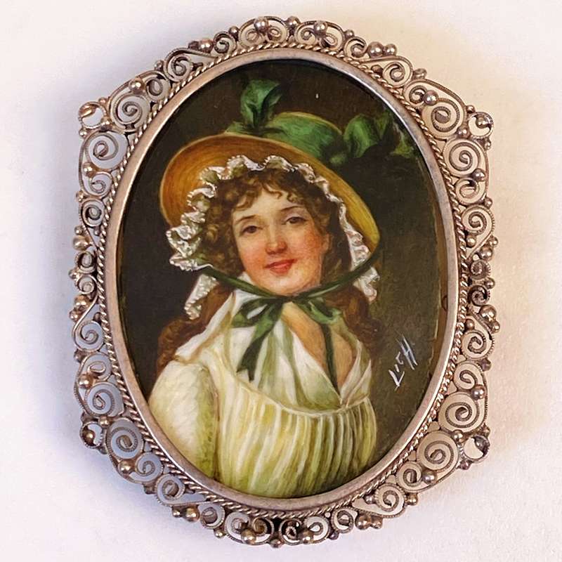 Antique Silver Brooch with Hand-painted Miniature of a Lady