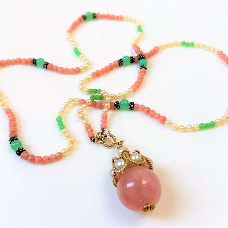18ct Gold, Rose Quartz, Pearl and Aventurine Pendant Necklace