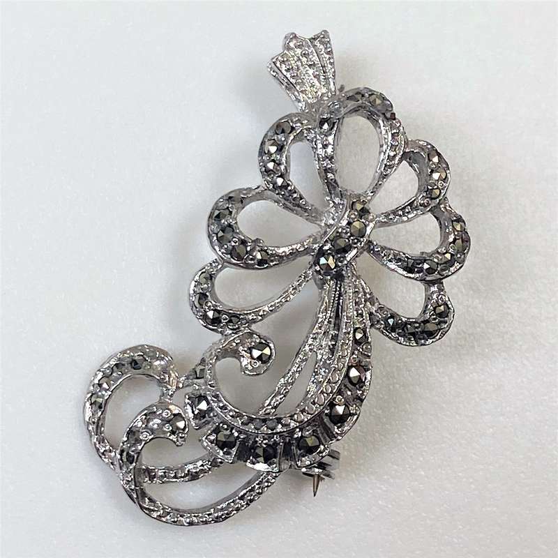 Vintage White Metal and Marcasite Flower Brooch