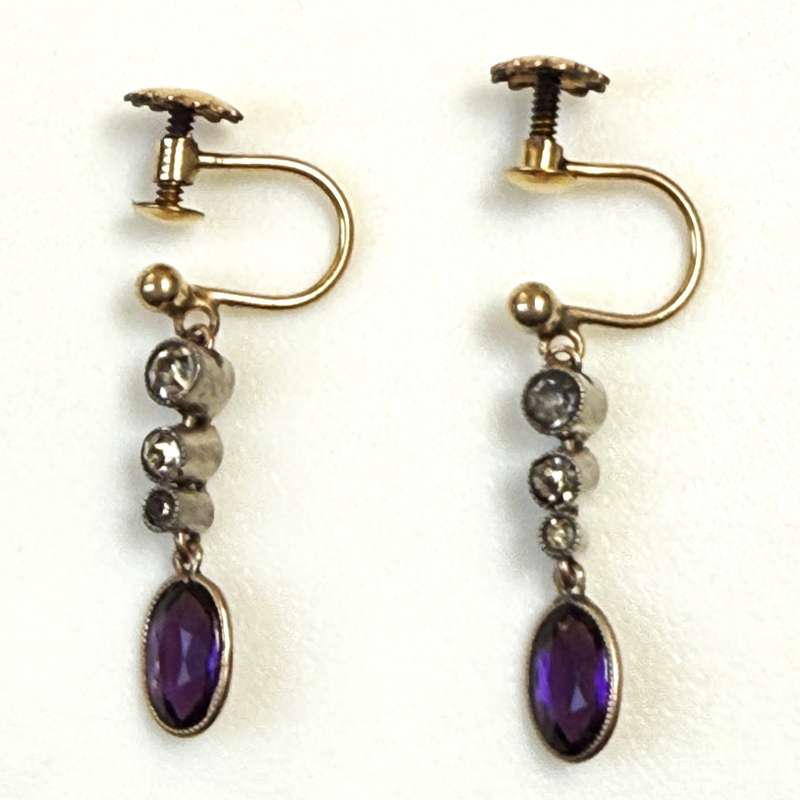 Vintage Rolled Gold, Silver and Crystal Screw-on Drop Earrings