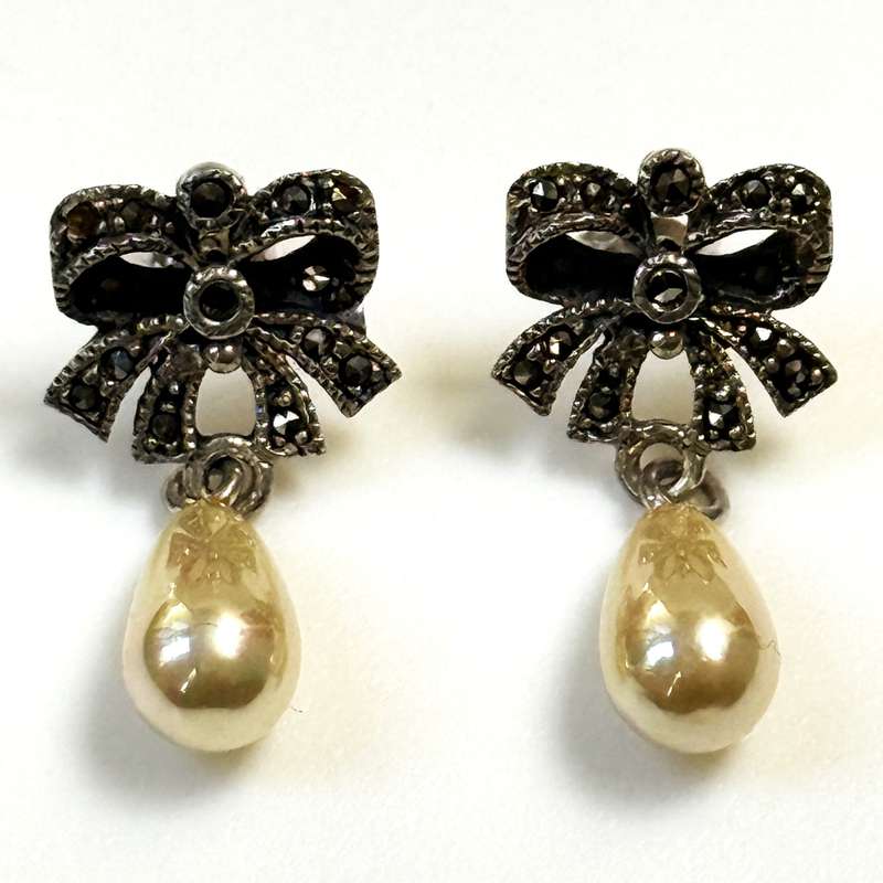 Silver, Marcasite and Faux Pearl Ribbon Drop Earrings