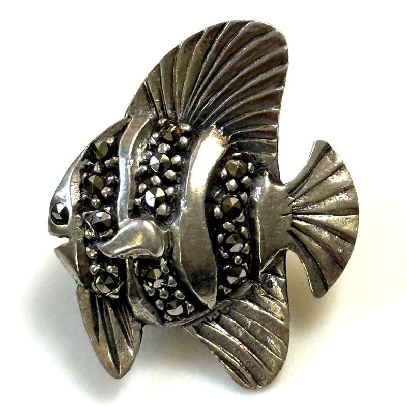 Vintage Sterling Silver and Marcasite Fish Lapel Pin