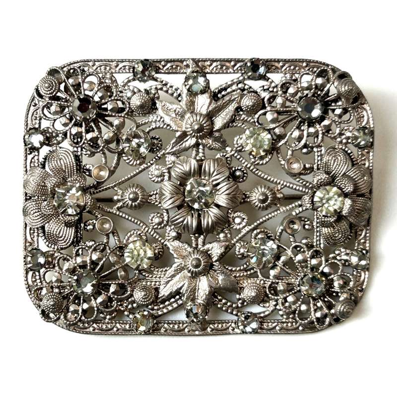 Antique White Metal and Gem Flower Brooch