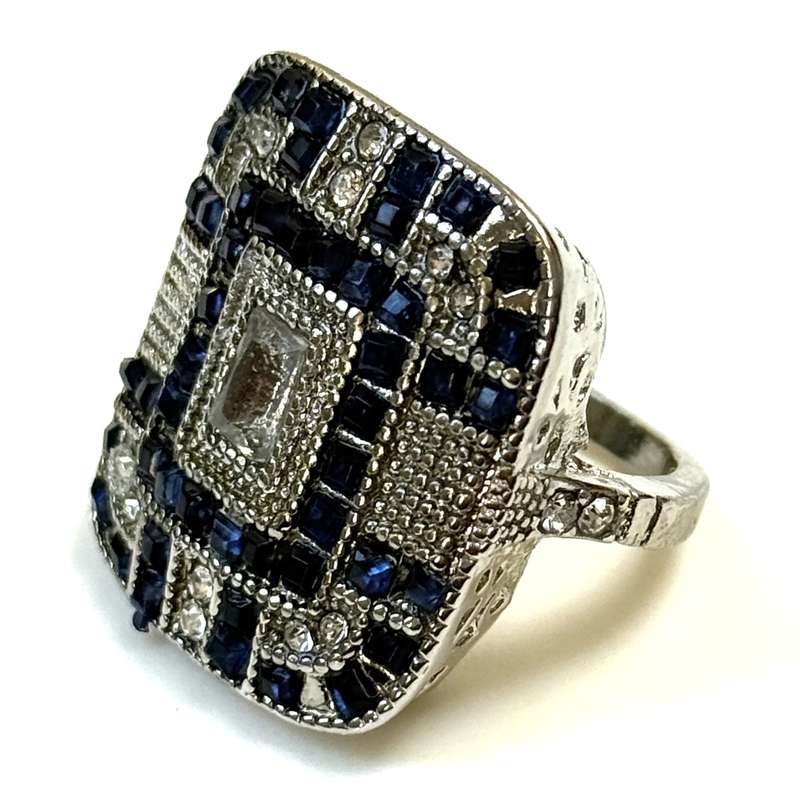 Large Vintage-Style White Metal and Rhinestone Novelty Ring