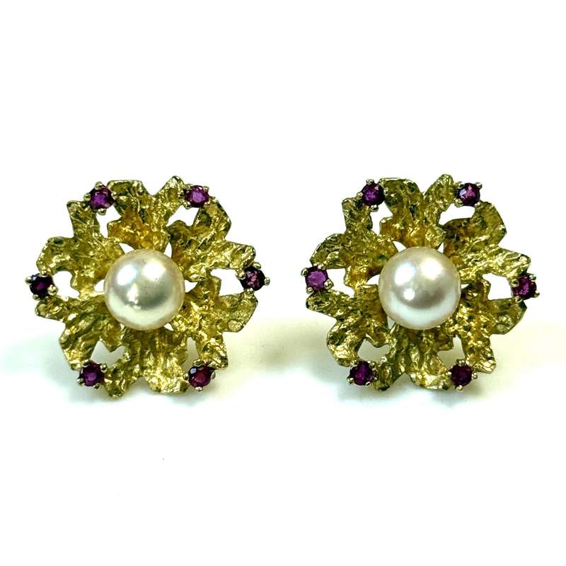 Vintage 18ct Yellow Gold and Ruby Flower Stud Earrings