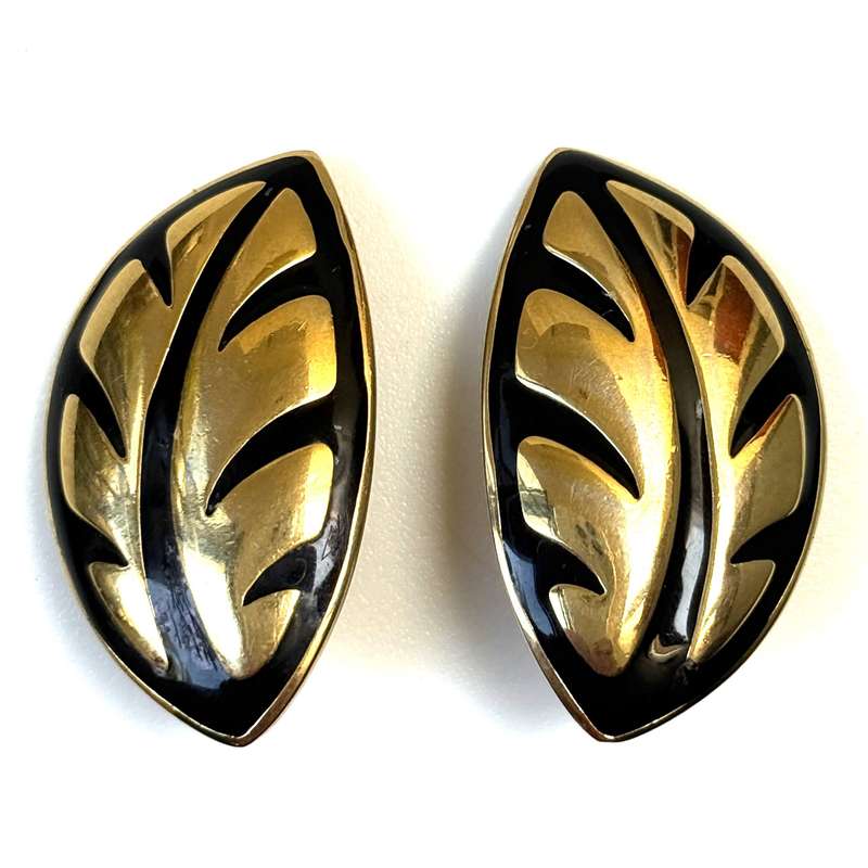 Large Vintage Goldtone and Enamel Leaf Monet Earrings