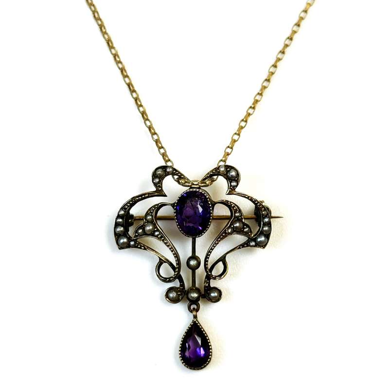 Art Nouveau 9ct Gold, Amethyst and Pearl Pendant Necklace