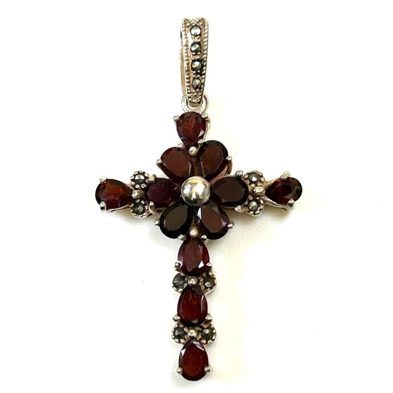Sterling Silver Garnet and Marcasite Cross Pendant