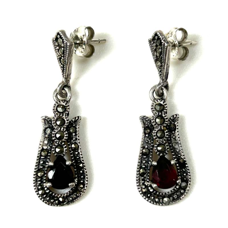 Sterling Silver, Garnet and Marcasite Drop Earrings