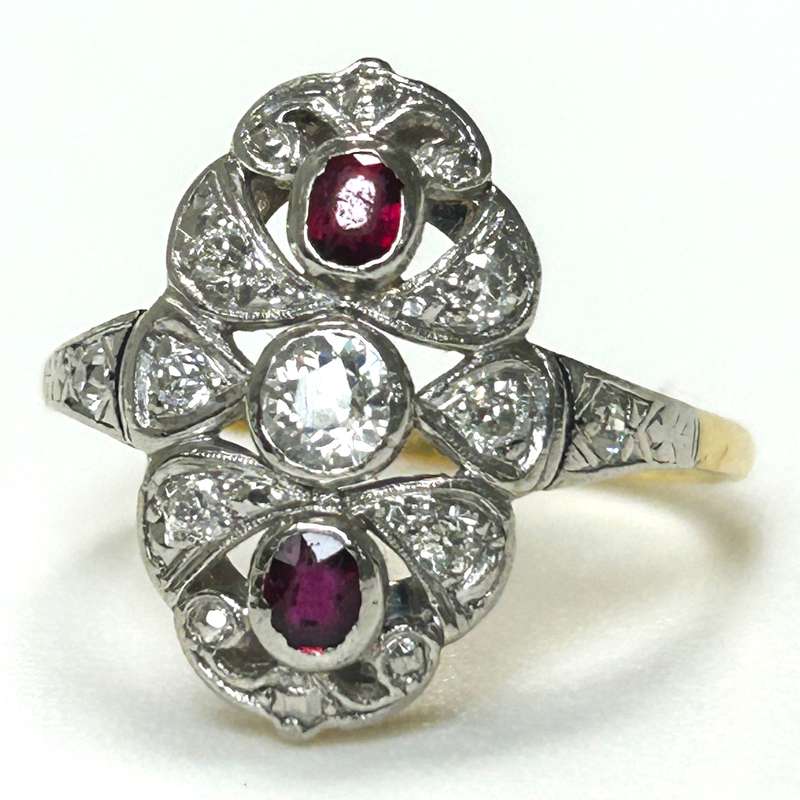 Art Deco 18ct Yellow Gold, Platinum, Diamond and Ruby Ring