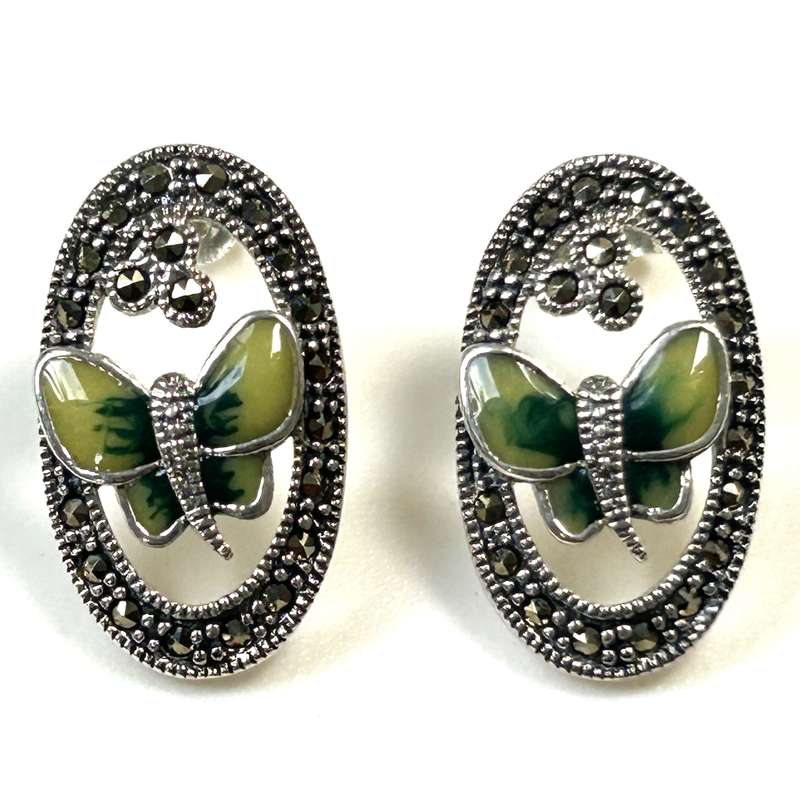 Sterling Silver Resin and Marcasite Butterfly Drop Earrings
