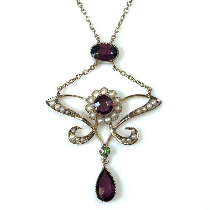 Art Nouveau 9ct Gold, Garnet, Tsavorite and Pearl Necklace