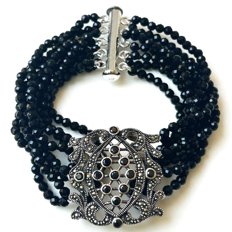 Sterling Silver, Black Spinel and Marcasite Bracelet