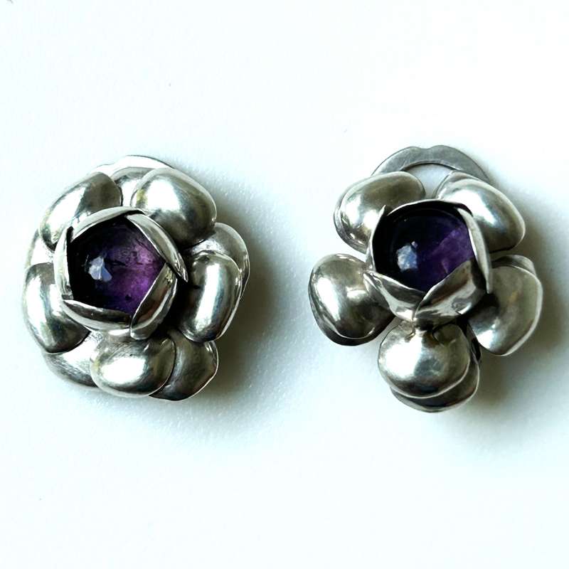 Mexican Silver and Amethyst Flower Clip-on Earrings