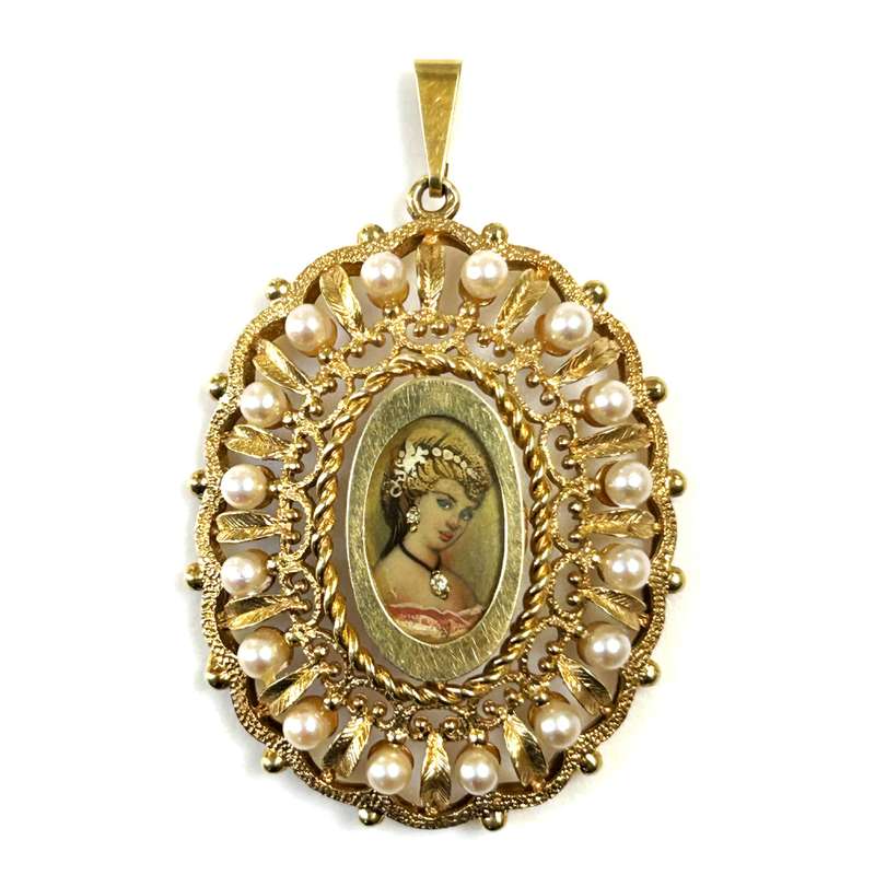 Antique 14ct Gold, Pearl and Diamond Portrait Pendant