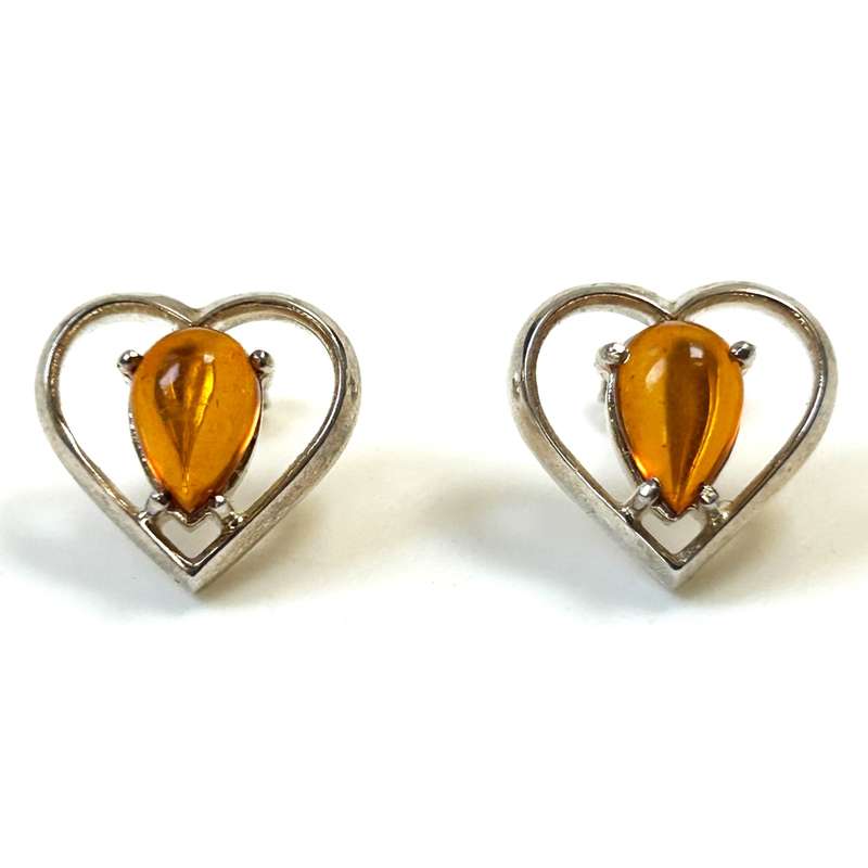 Sterling Silver and Amber Heart Stud Earrings