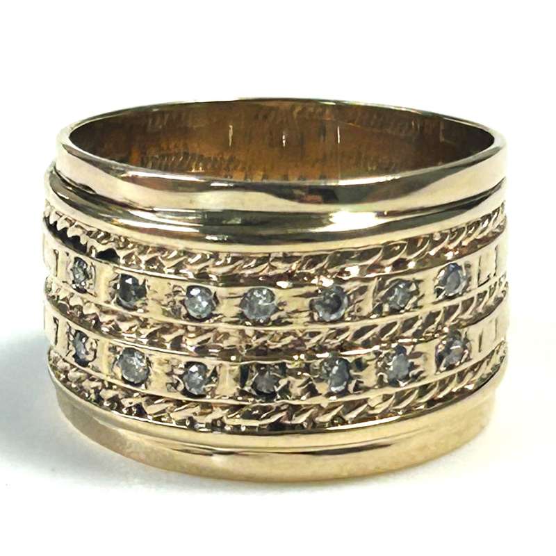 Broad Vintage 9ct Yellow Gold and Diamond Ring