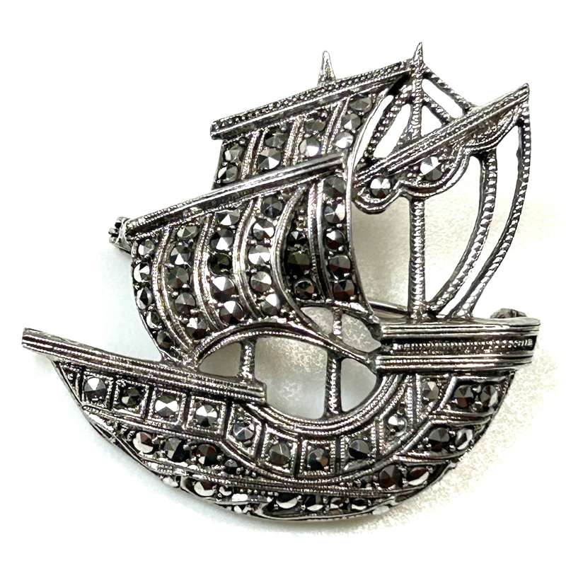 Vintage Silver and Marcasite Galleon Brooch