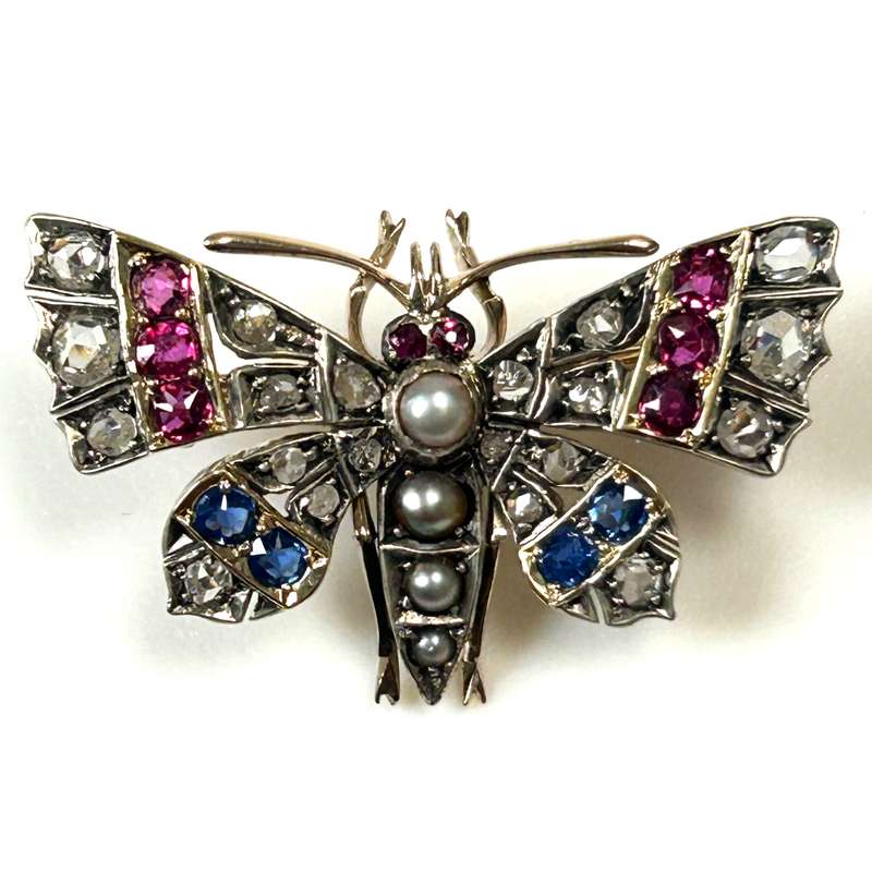 Antique 9ct Yellow Gold, Gemstone and Pearl Butterfly Brooch
