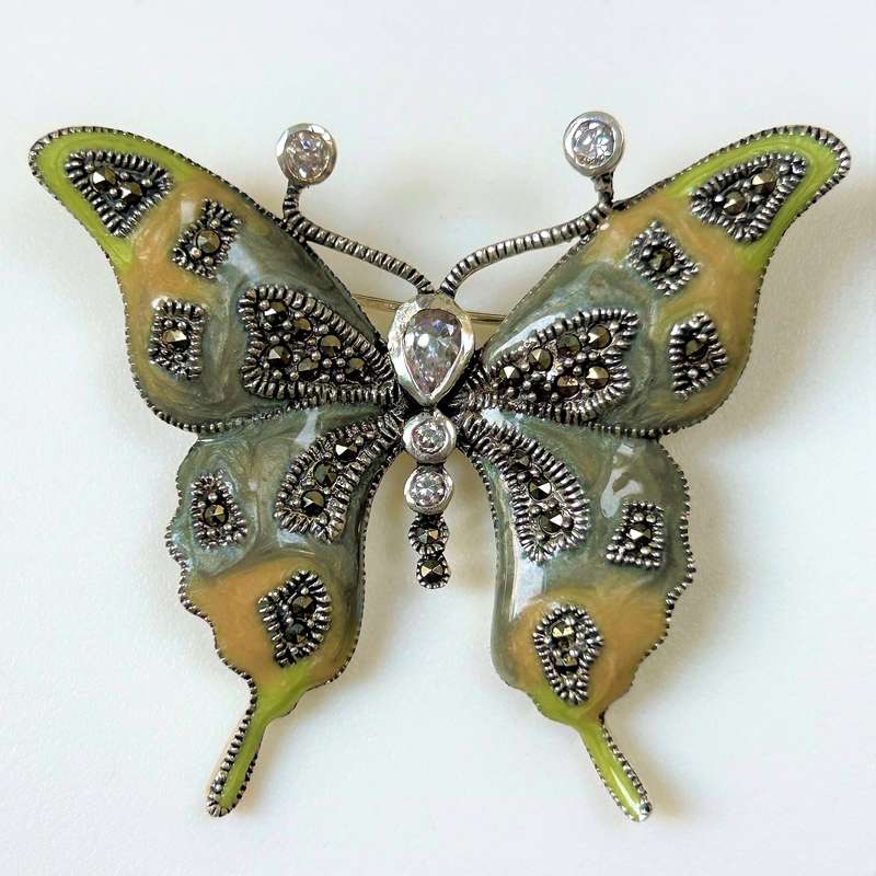 Enamelled Silver, Marcasite and Crystal Butterfly Brooch