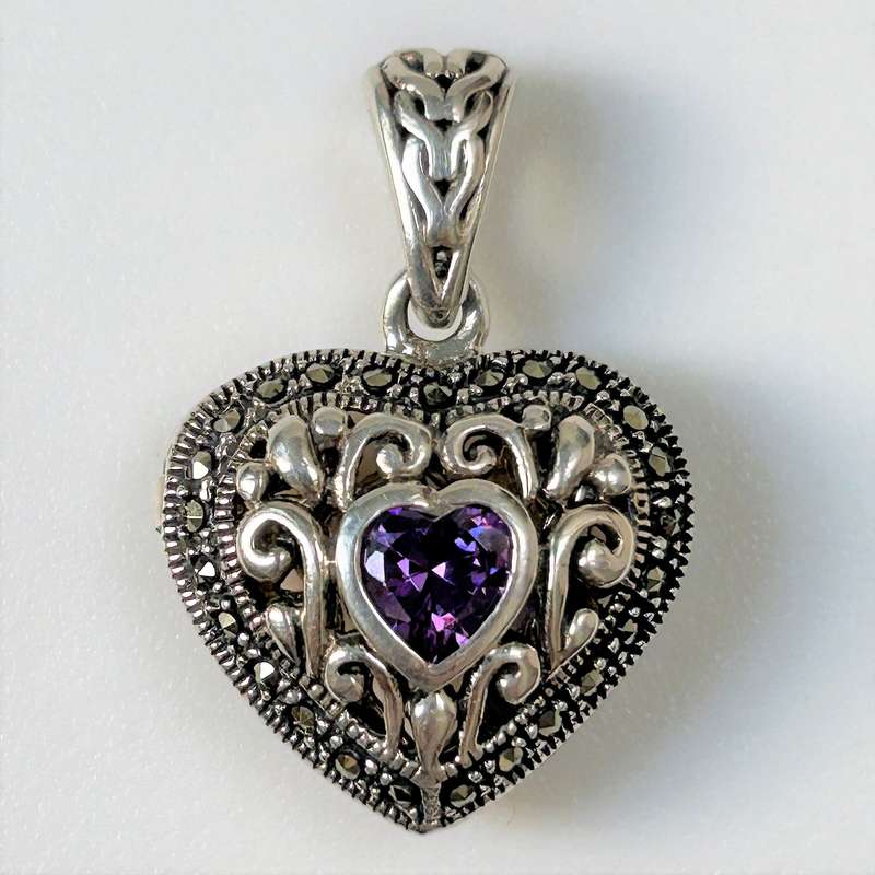 Silver, Cubic Zirconia and Marcasite Heart Locket Pendant