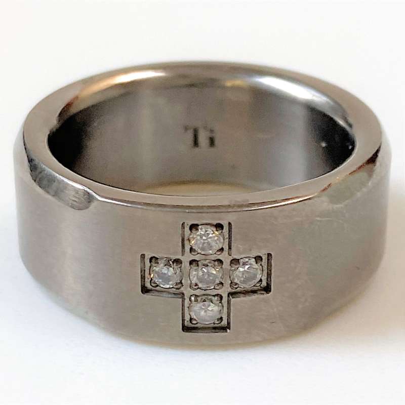 Titanium Mans Ring with Crystal Cross