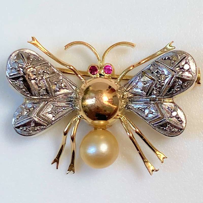 Gold and Palladium, Diamond, Pearl and Ruby Insect Brooch