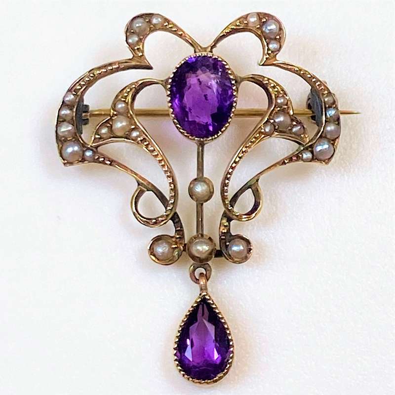 Art Nouveau 9ct Gold, Amethyst and Pearl Brooch