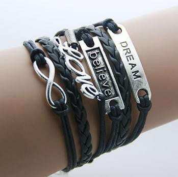 Leather Infinity Bracelets - Love Believe Dream - Black