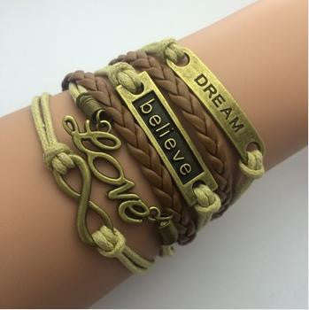 Leather Infinity Bracelets - Love Believe Dream - Brown