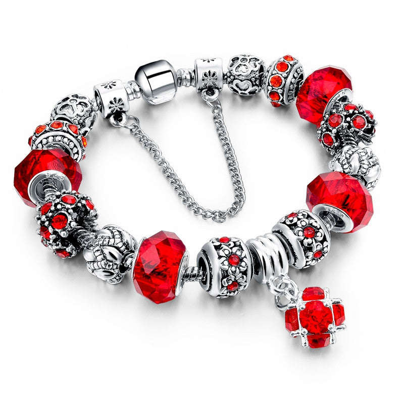 Vintage Crystal Charm Bracelet with Hanging Chain - Red
