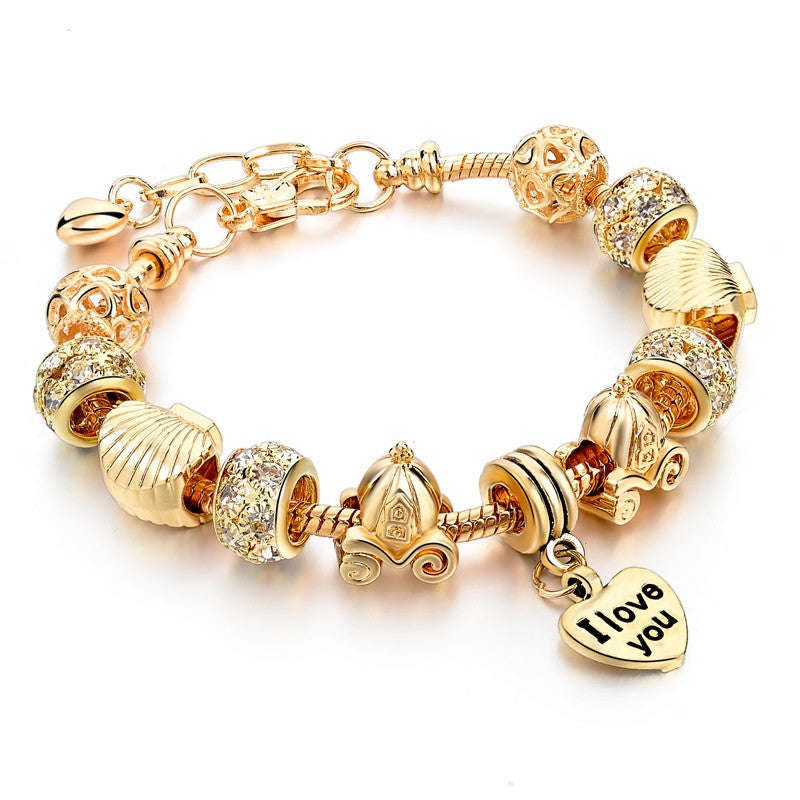 18K Gold Plated Pulsera Charm Bracelet - I Love You Style 1 - 18cm+4cm