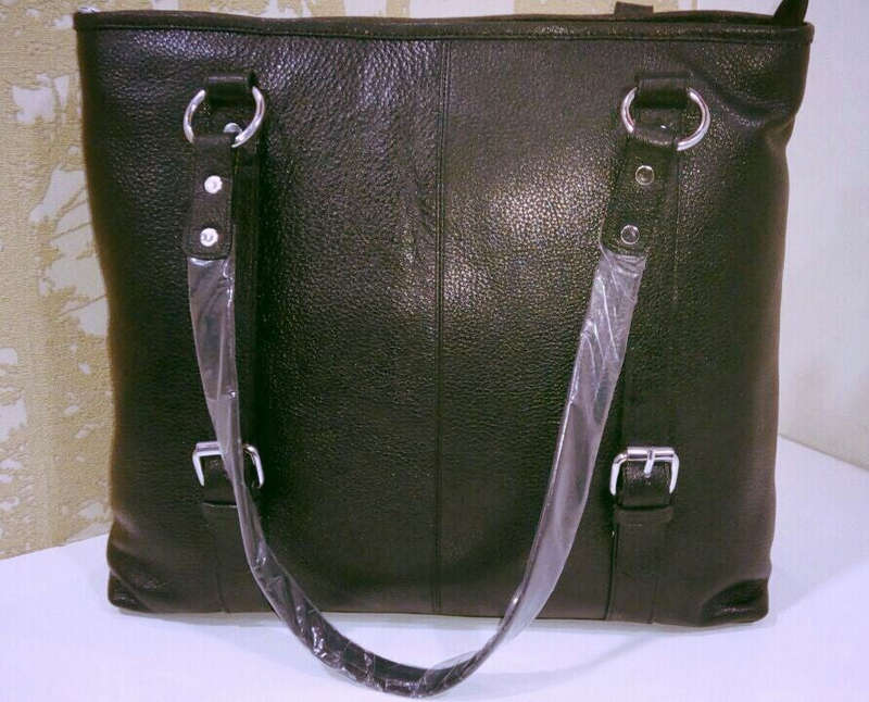 100% Genuine Buffalo Leather Strapped Everyday Handbag - Black