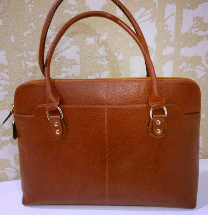 100% Genuine Buffalo Leather Elegant Formal Everyday Handbag - Tan Brown