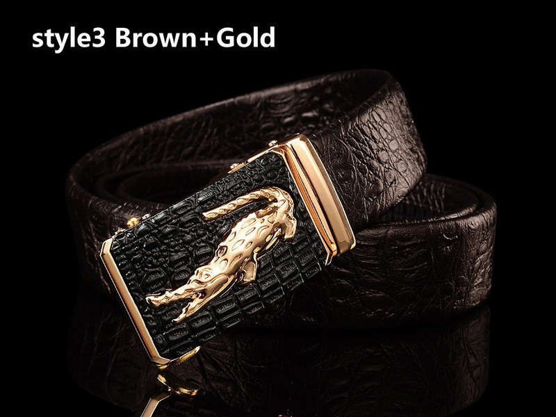 Genuine Leather Automatic Buckle Belt - Crocodile Finish - Brown Gold