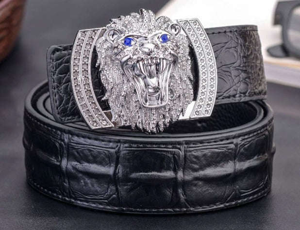 Genuine Leather Belt - Lion Buckle - Black Silver