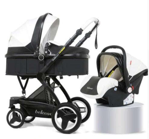 Baby Pram Stroller - PU Leather 4 Wheel 3 in 1 Foldable Baby Pram with Car Seat- Black and White