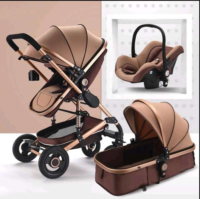 FREE Delivery - Baby Pram Stroller - 3 Function Foldable Baby Pram with Car Seat- Khaki Chocolate
