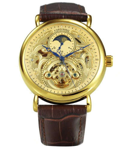Men's Automatic Skeleton Mechanical Watches Sun Dial -  Genuine Leather Band - Gold